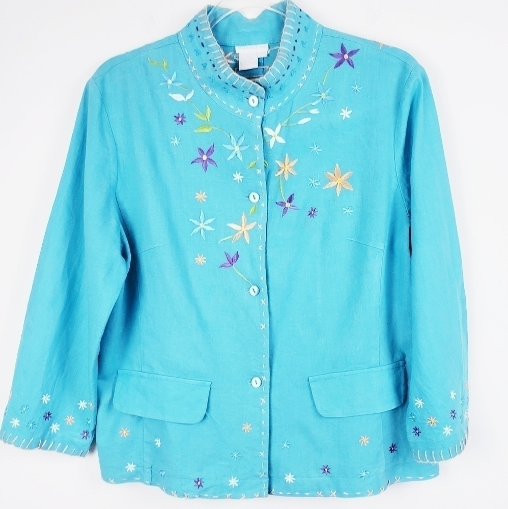 Design‎ Exchange -  Linen Blend Turquoise Floral Embroidered Jacket Size Large